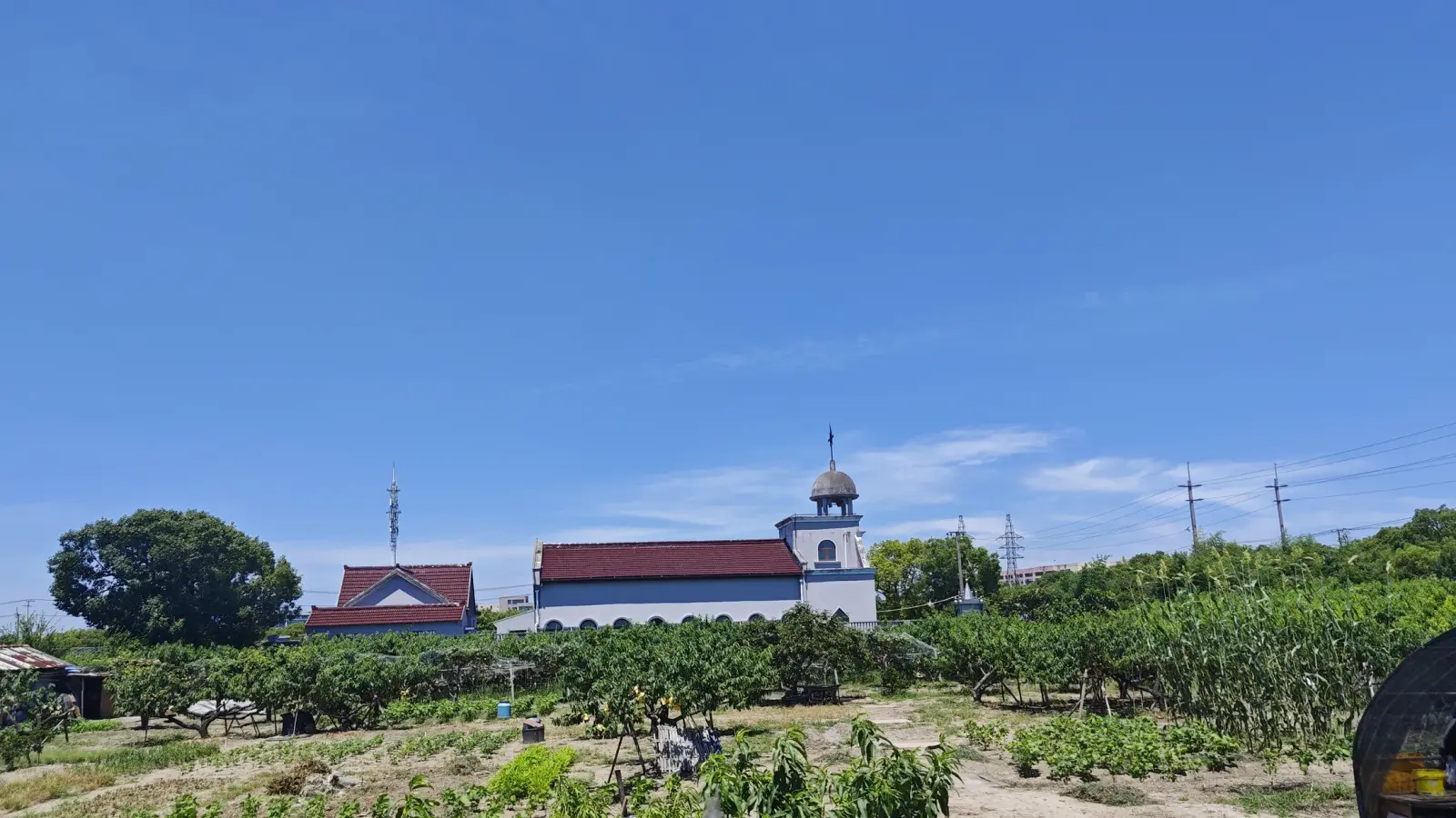 A white church with a red tile roof and a domed belfry beyond farmland and low vegetation, under a deep blue sky.