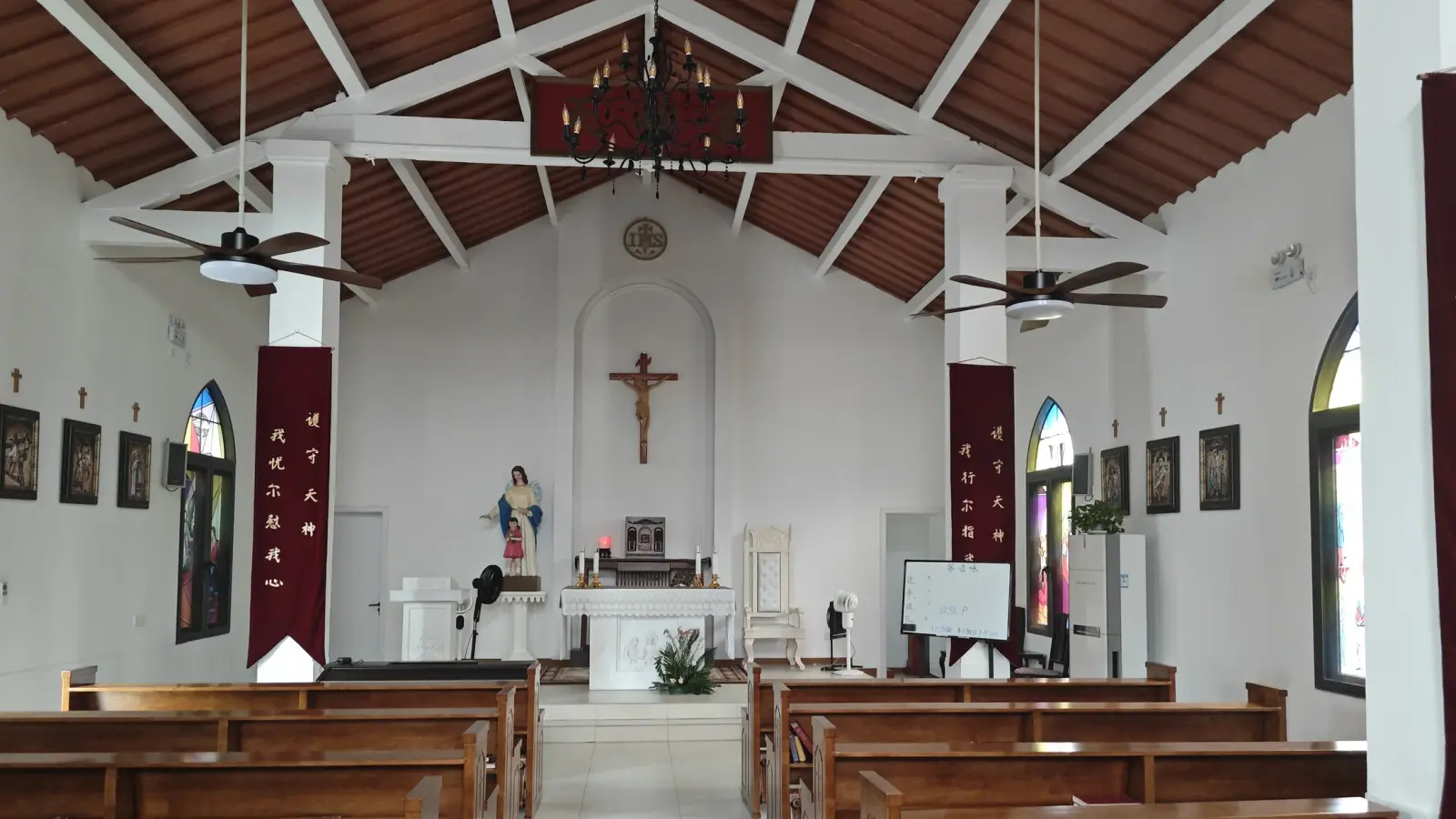 A bright white church interior with a timber roof, a crucifix on the end wall, a statue and wooden pews.